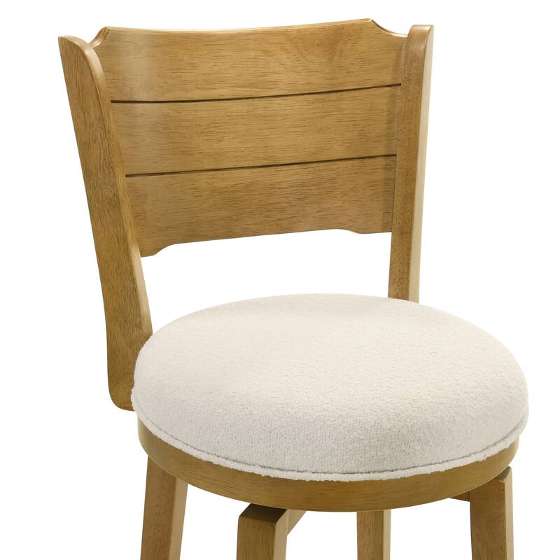 Winsley Coastal Modern Swivel Wood Counter Height Kitchen Bar Stool with White Boucle Fabric Upholstered Seat