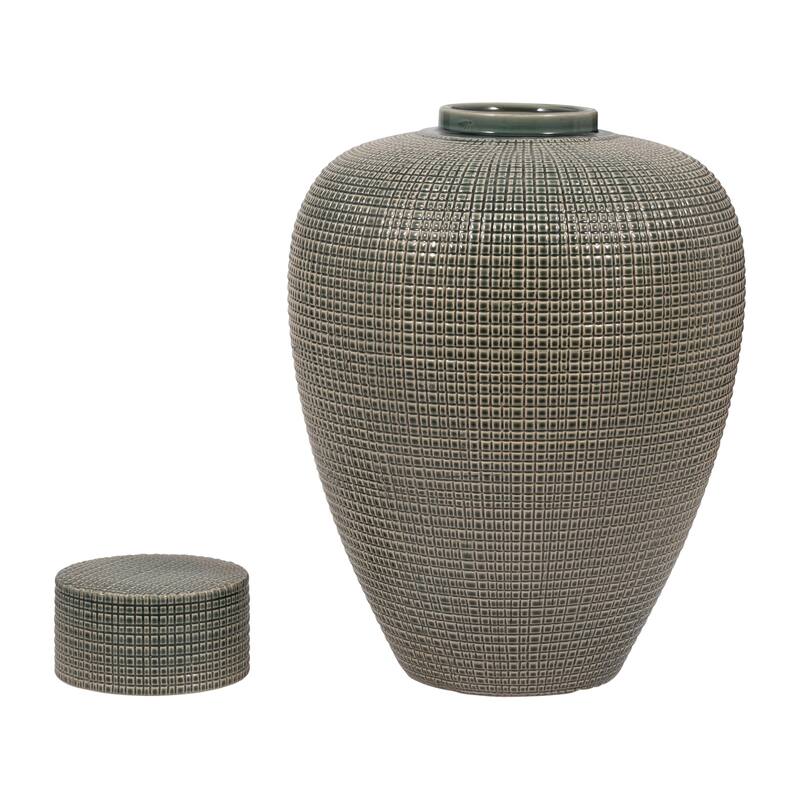 Sagebrook Home Dempsey Green Lidded Jar - Stoneware, Green, Checkered, Bud, Elegant Color, Perfect Accent Piece