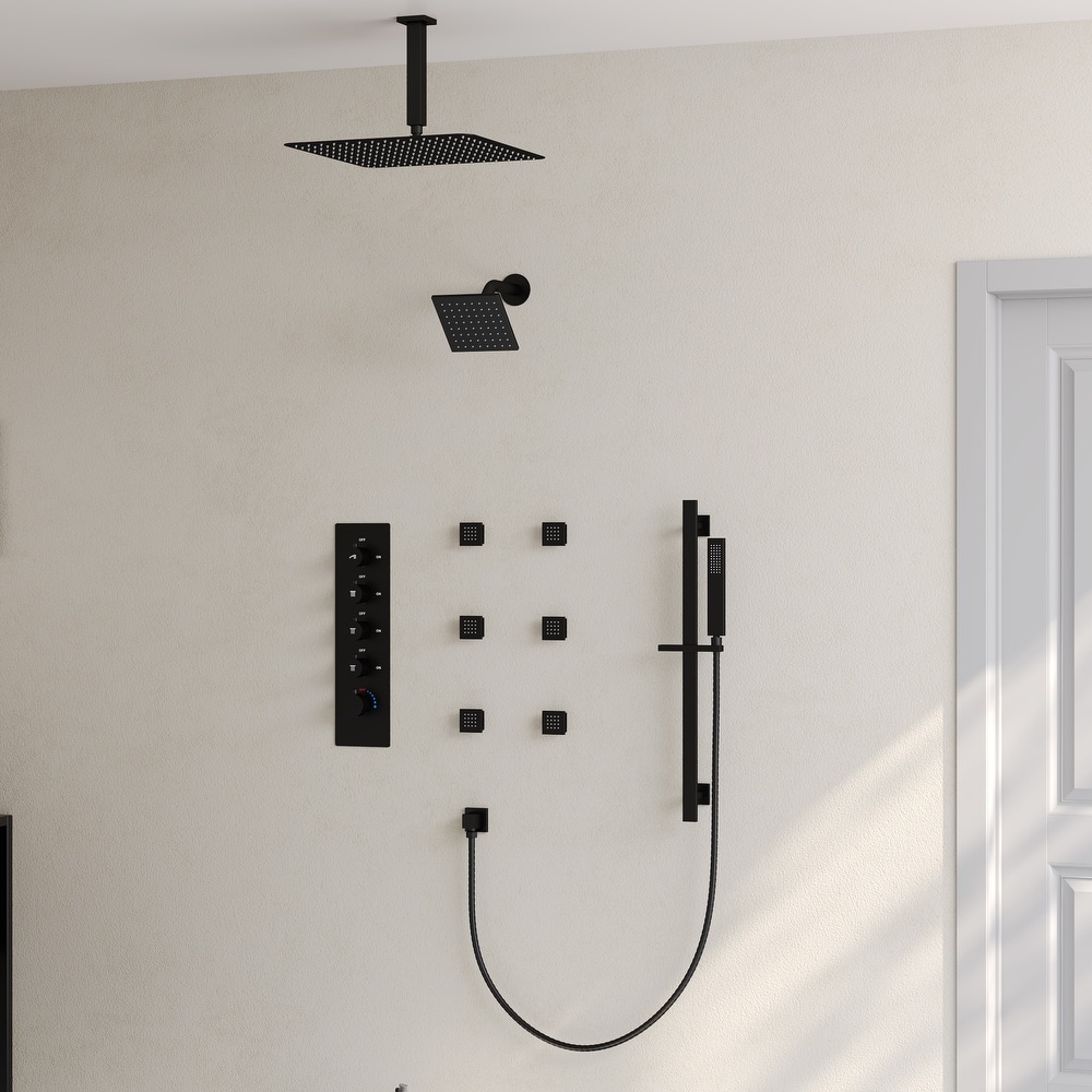 Thermostatic Rainfall Shower System with Handheld Spray, 16" & 6" Dual Shower Head and 6 Body Jets