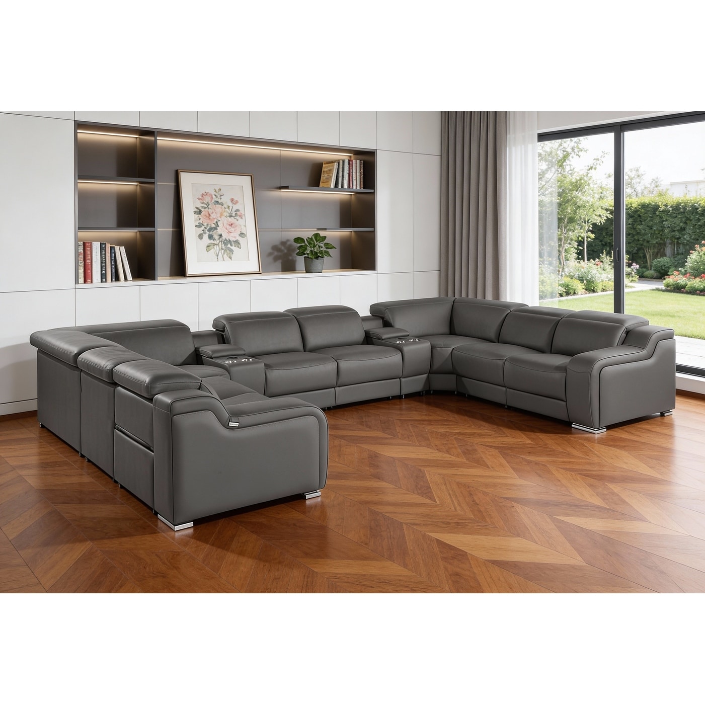 HomeRoots Dark Gray Italian Leather Power Reclining U Shaped Ten Piece Corner Sectional With Console