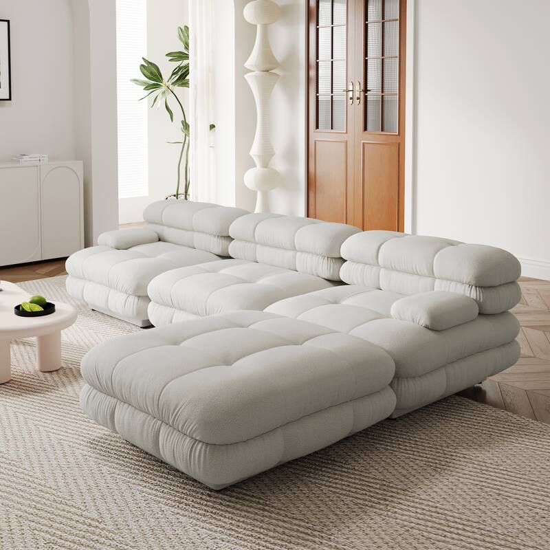 109'' Teddy Velvet Fabric Sectional Sofa L-Shaped Couch with Ottoman
