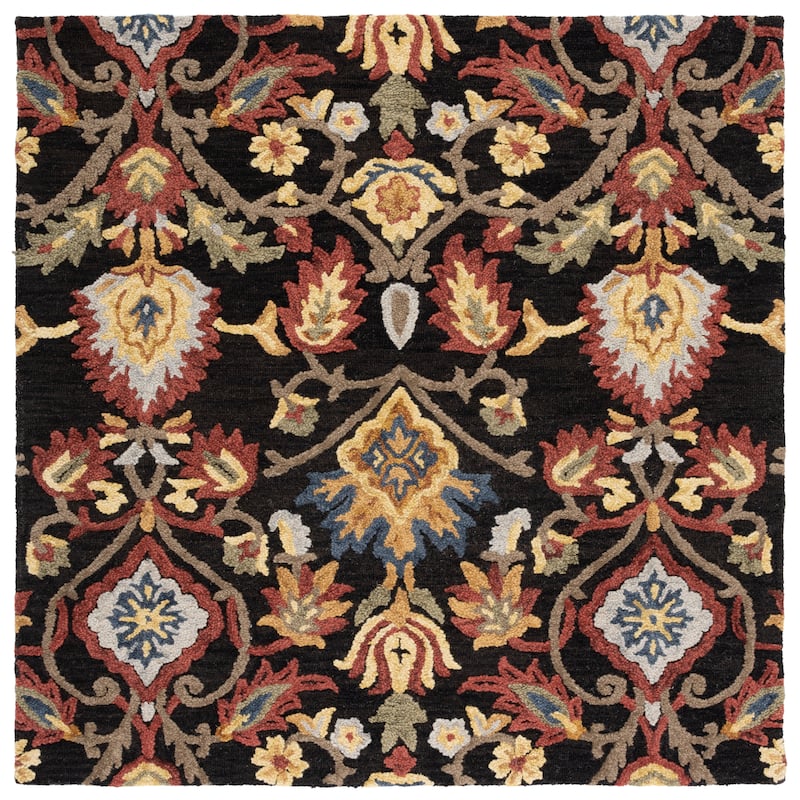 SAFAVIEH, Handmade Marietje Blossom French Country Wool Area Rug - 6' Square - Charcoal/Multi