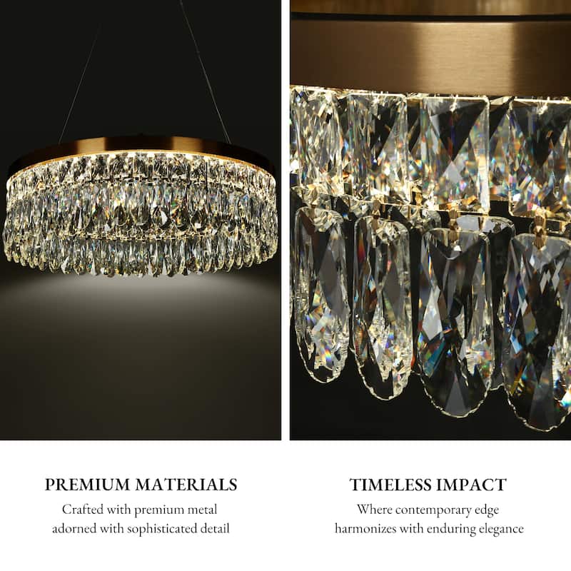 Modern Brass LED Crystal Drum Chandelier for Dining Living Room - Gold - 23.6" Dia. x 7.5" H