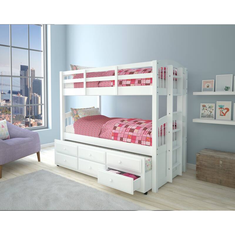 Twin over Twin Wood Bunk Bed with Trundle and 3 Storage Drawers - White
