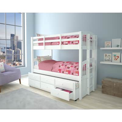 Twin over Twin Wood Bunk Bed with Trundle and 3 Storage Drawers