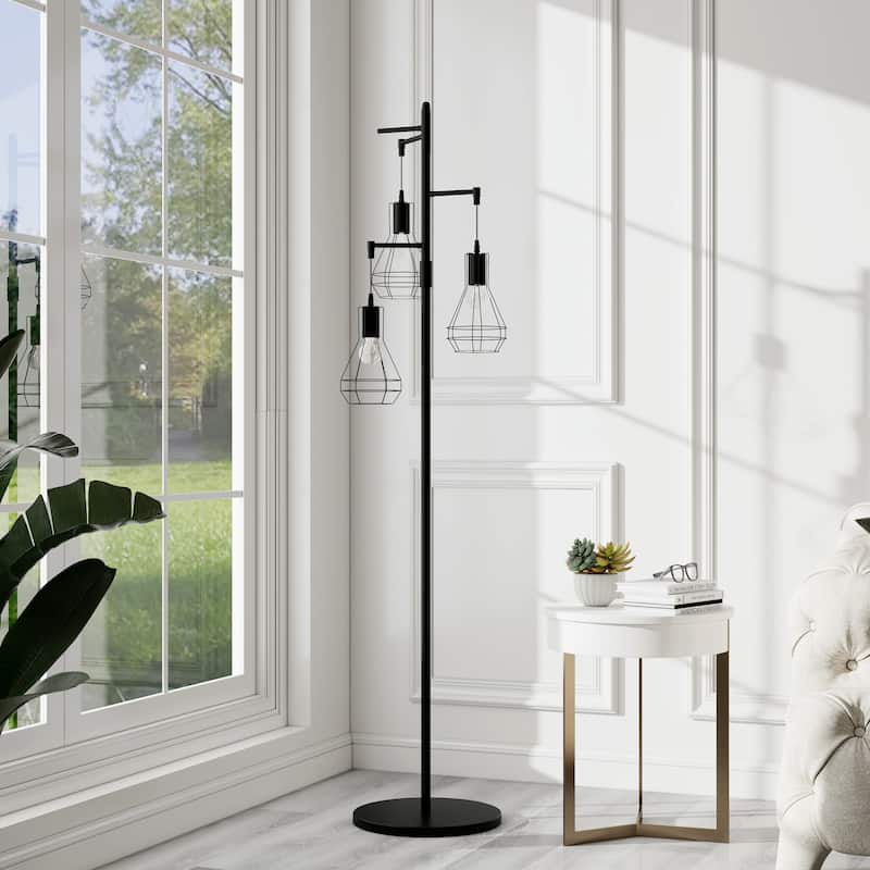 Industrial 3-Light Metal Tree Floor Lamp With Round Shades
