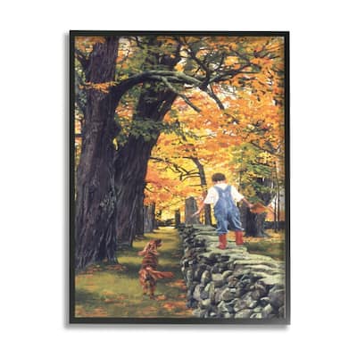 Stupell Boy Walking on Stone Wall with Dog Framed Wall Art