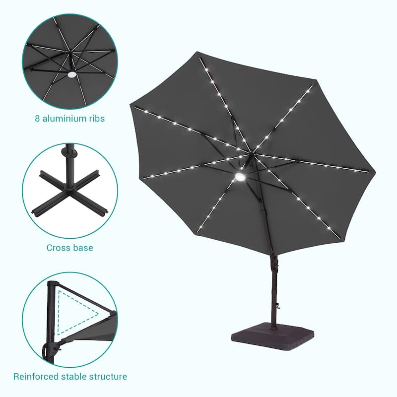 Bonosuki 11Ft Aluminum LED Cantilever Patio Umbrella with Base for Patio Deck Garden