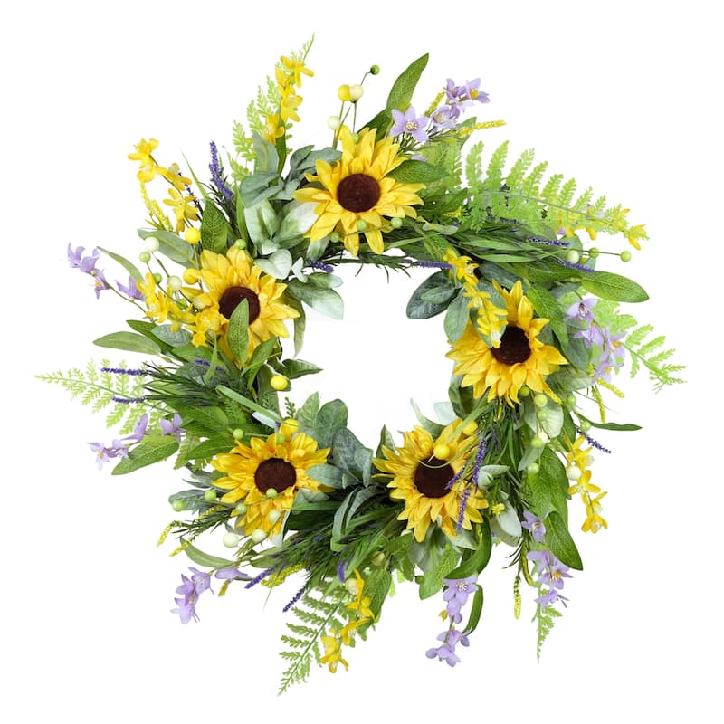 Sunflower and Lavender Artificial Spring Floral Wreath - 26" - Yellow and Green