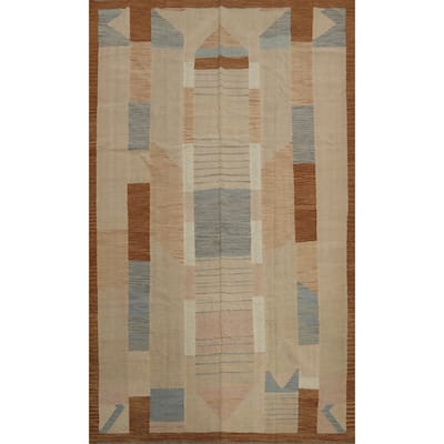 Hand Woven Oriental 100% Wool Carpet Southwestern Tribal Beige & Ivories Kilim Area Rug - 9' 7'' X 6' 7''