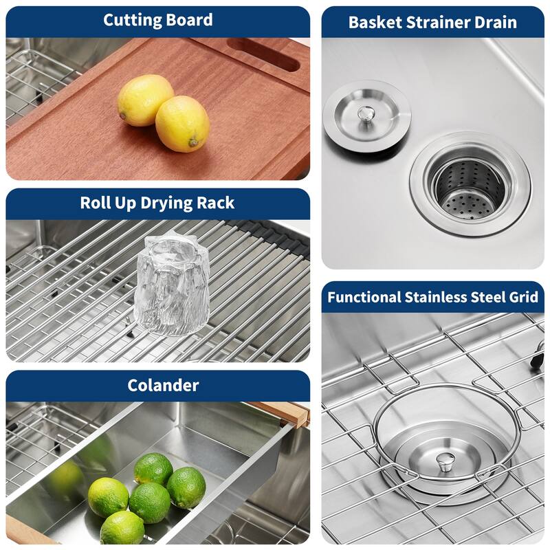 33 Undermount Workstation Sink Kitchen Sink Single Bowl Sink with Accessories - Brushed Chrome