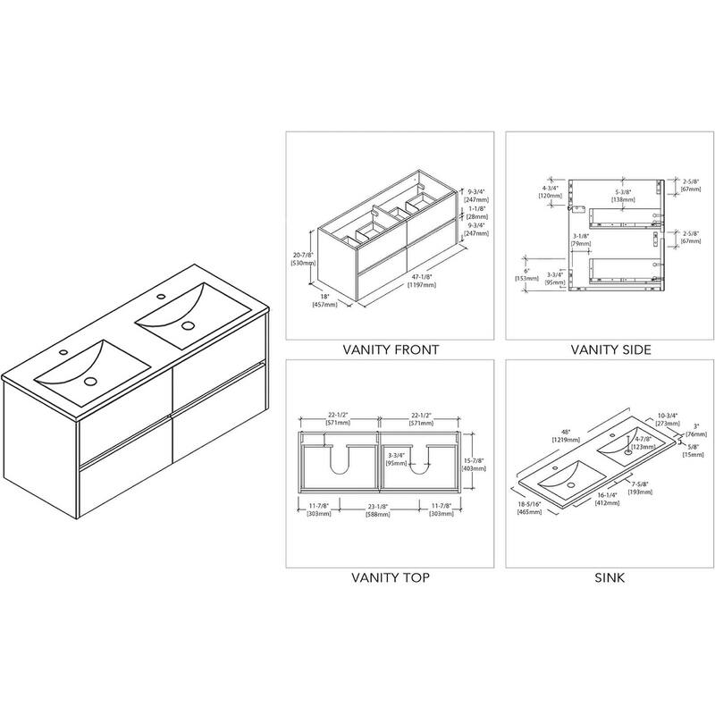 Blossom Valencia 48" Wall Mounted Double Sink Floating Bathroom Vanity