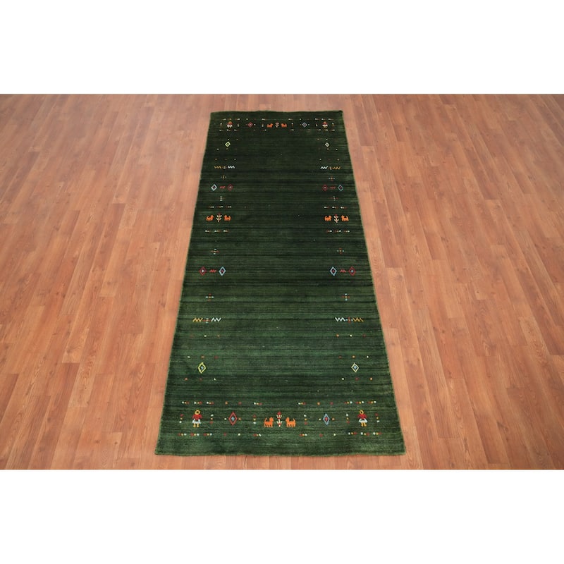 Hand Knotted Oriental Viscose Silk Carpet Tribal Animal Pictorial Green Gabbeh Runner Rug - 7' 6'' X 3' 0''
