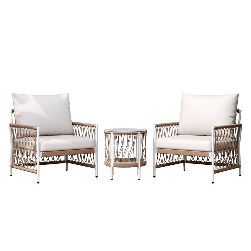 3 Pieces Woven Rope Patio Bistro Set, Outdoor Furniture Set with 2 Pieces Accent Lounge Chairs & Side Table for Garden, Poolside