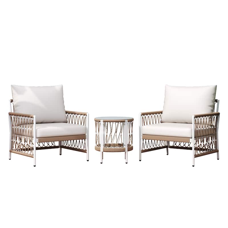 Roomfitters 3-Piece Outdoor Conversation Set with 2 Lounge Chairs and Glass Side Table, Handwoven Rope Patio Furniture