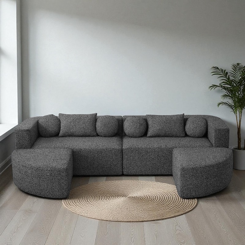 114.9" Modular Sectional Boneless Couch Sofa Bed with Deep Seats and Curved Design, Boucle Upholstered Sofa for Living Room - Black