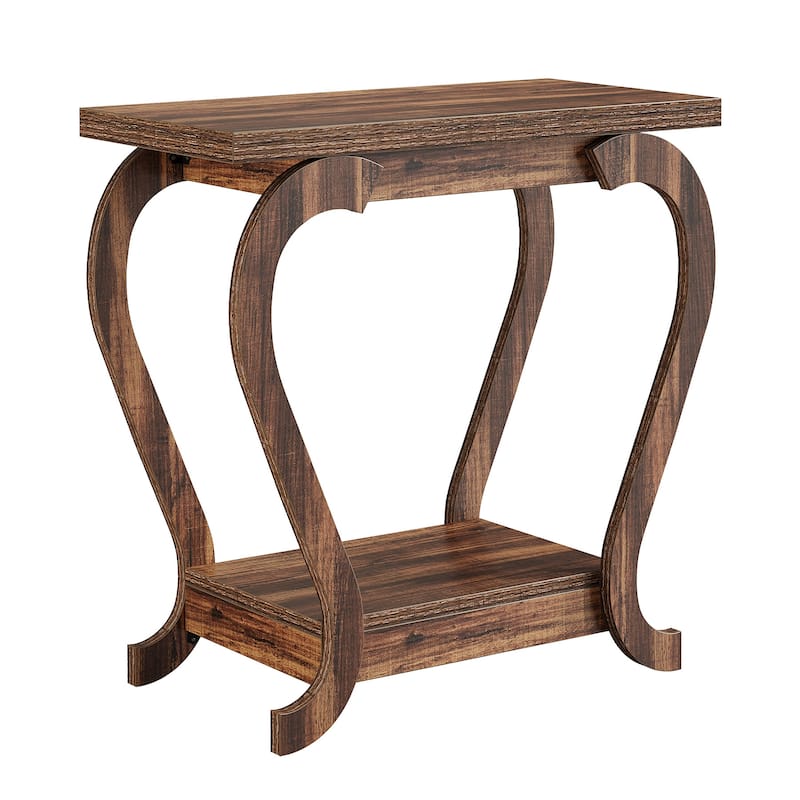 2-Tier End Table, Narrow Wood Side Table with Storage Shelves
