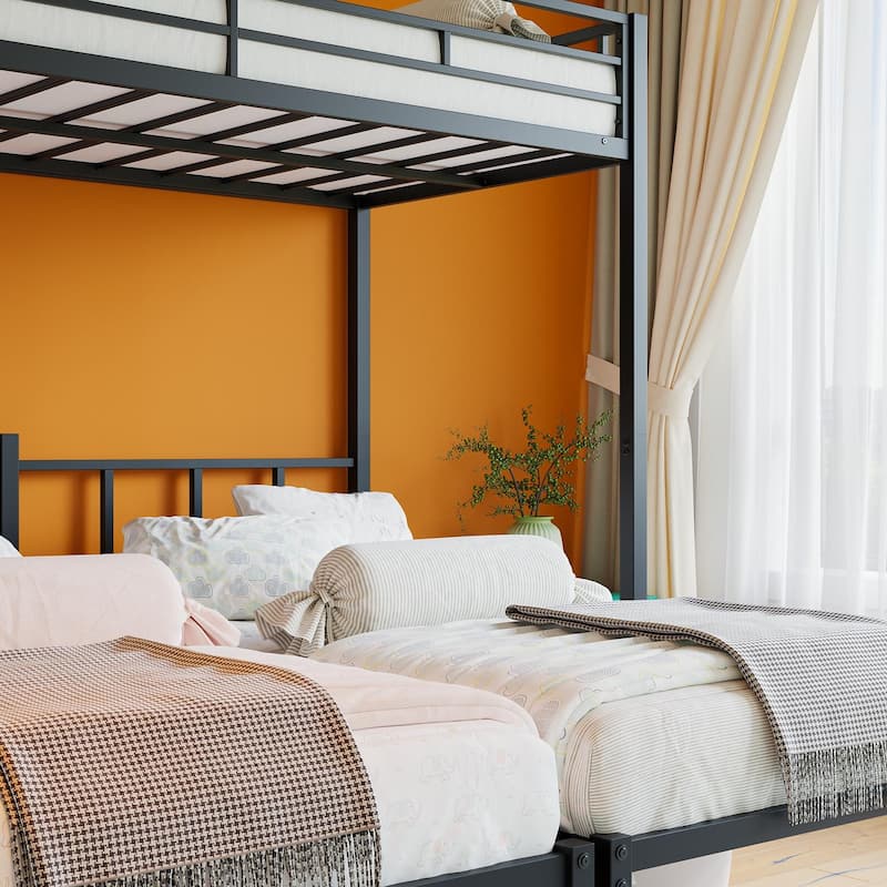 Twin Over Twin Over Twin Bunk Bed, Metal Triple Twin Bed with Safety Guardrails and Ladder, Convertible 3 Beds