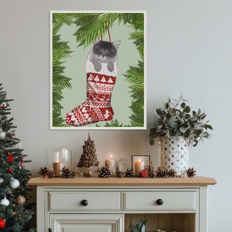 Grey Kitten in Christmas Stocking by Fab Funky (23 x 28 in.), Framed Canvas Wall Art Print - Sylvie Beaded White