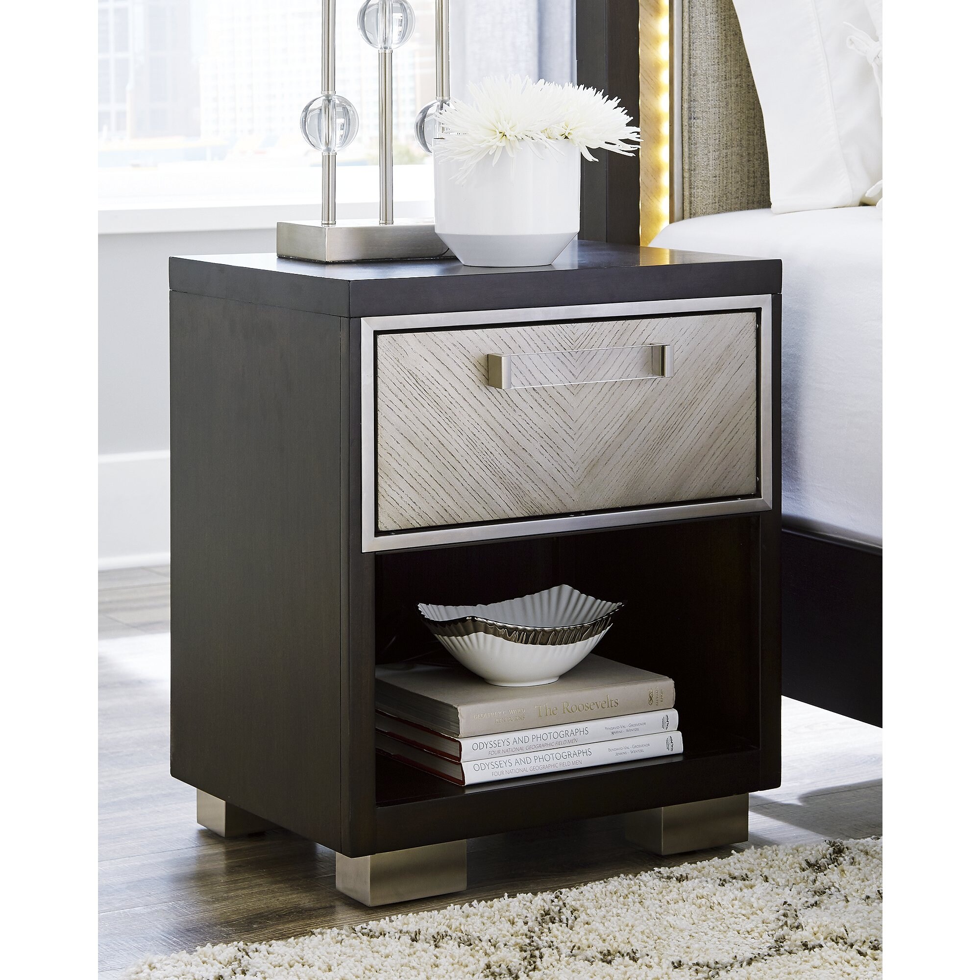 Maretto Espresso Brown Silver One Drawer Nightstand Overstock 31868108