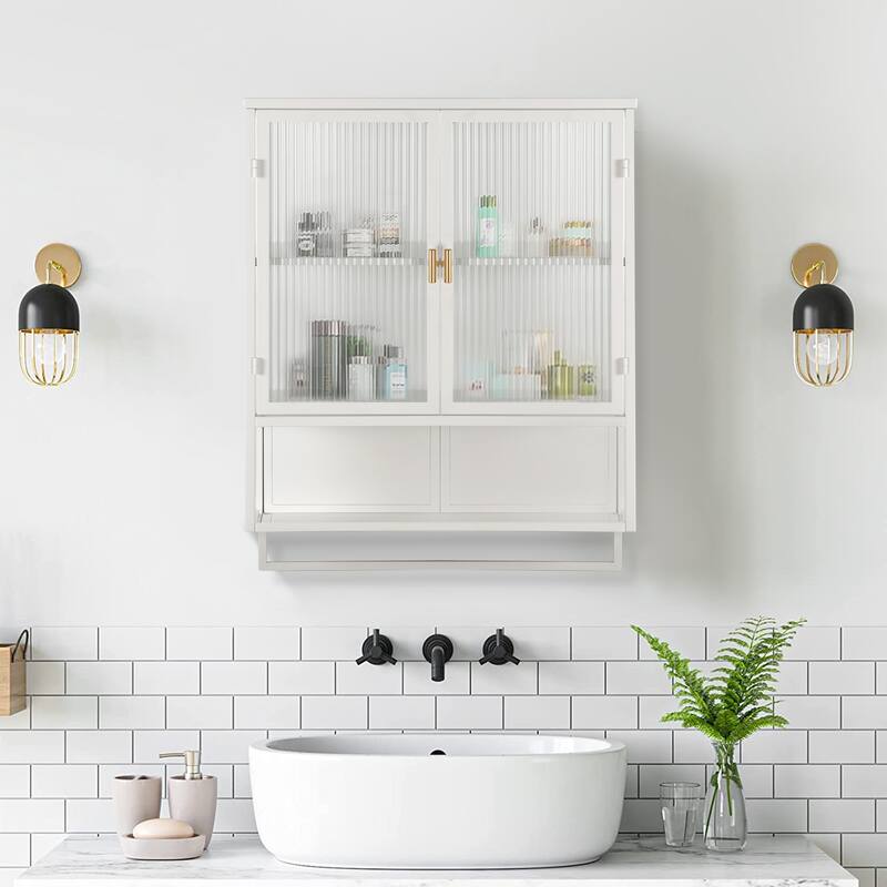 23.62"Glass Doors Wall Cabinet with 2-tier Enclosed Storage