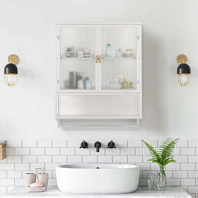 Modern Wall Cabinet 2-tier Enclosed Storage Cabinet with Open Shelf and Towel Rack for Living Room Hanging Cabinet