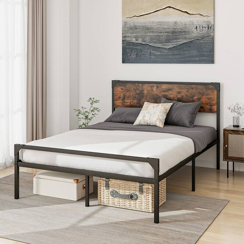 Costway Platform Full/Queen Bed with Rustic Headboard & Footboard