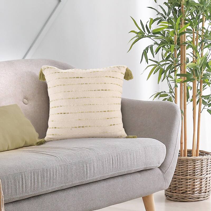 Handmade Variegated Stripe Square Throw Pillow with Tassels - 20" - Green and White