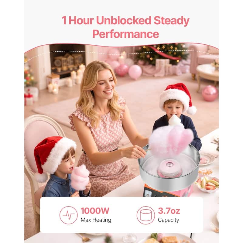Pink Stainless Steel Electric Cotton Candy Machine with Overheat Guard and 1000W Power - 14.96x14.96x13.31 in
