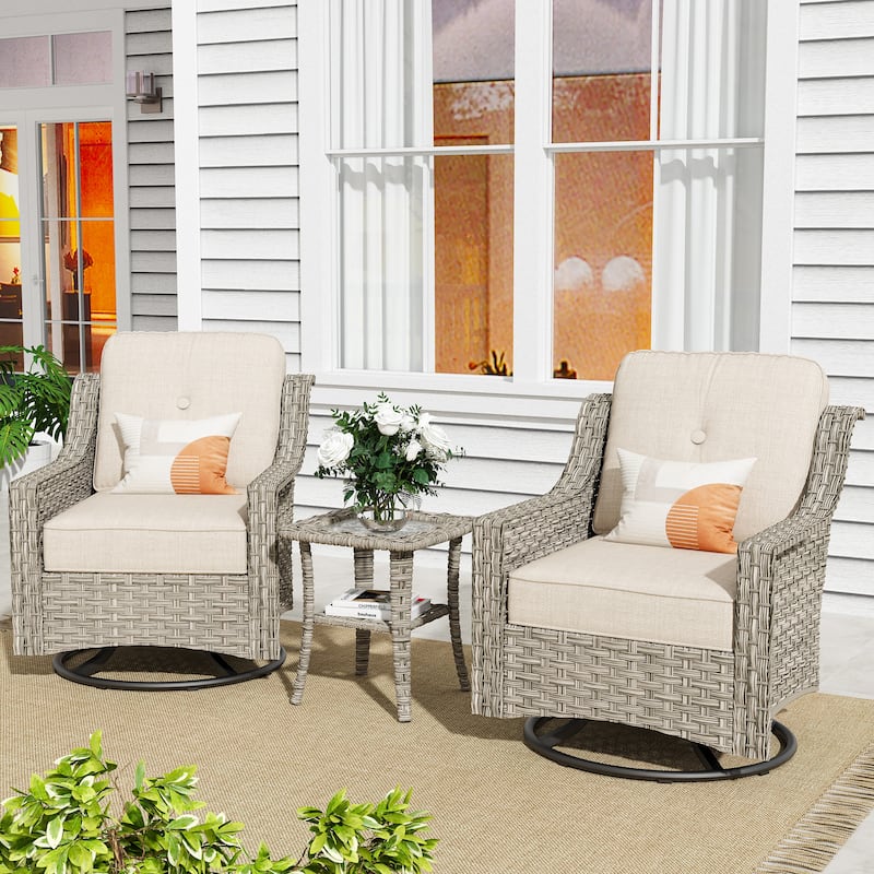 XIZZI 3-Piece Swivel Rocking Chair Rattan Wicker Outdoor Patio Furniture Bistro Set - Beige