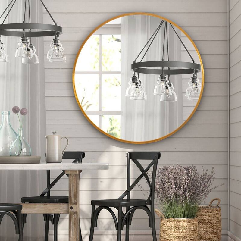 Classic Round Accent Bathroom Mirror Metal Frame Hanging Wall Mounted Circle Mirror for Wall Decor Vanity Entryway Living Room - 31.5" x 31.5" - Gold