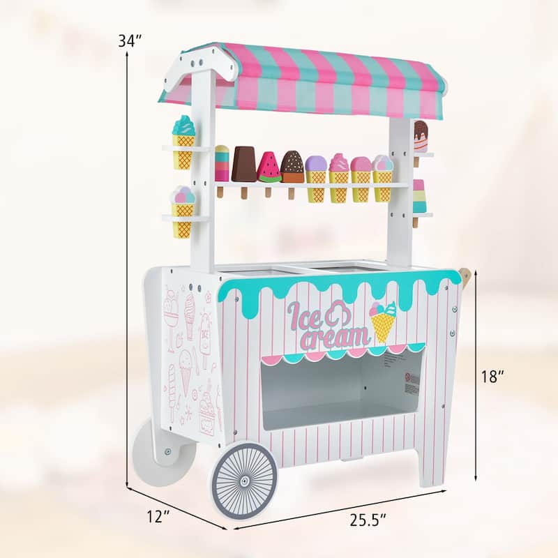 Kid's Ice Cream Cart Food Trunk Play Set w/ Display Rack Accessories
