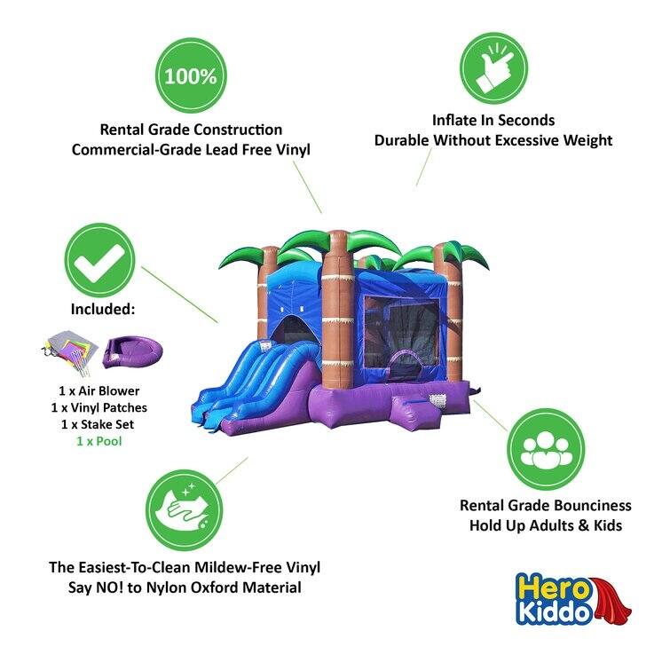 HeroKiddo Enchanted Forest Commercial Grade Inflatable Bounce House & Water Slide Combo with Attached Splash Pool and Air Blower
