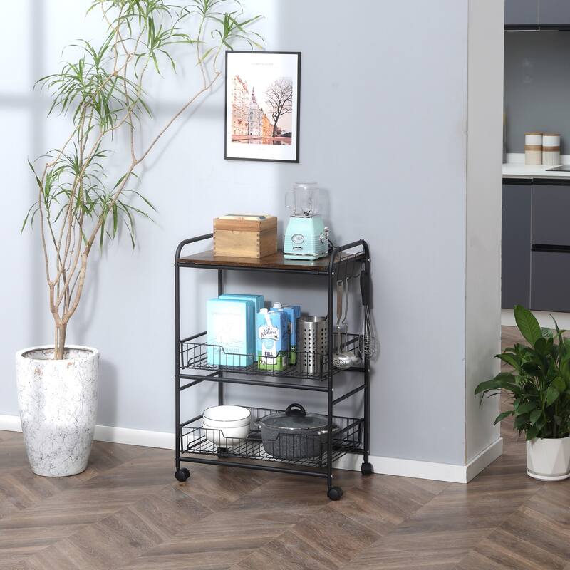 3 Tier Rolling Kitchen Cart with Wheels, 2 Sliding Fruit Basket, Microwave Cart with Side Hooks for Dining Room