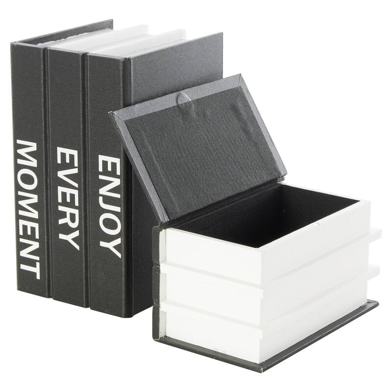 White or Black Canvas Faux Storage Book Box with Gold or White Enjoy, Every, Moment Text (Set of 2)