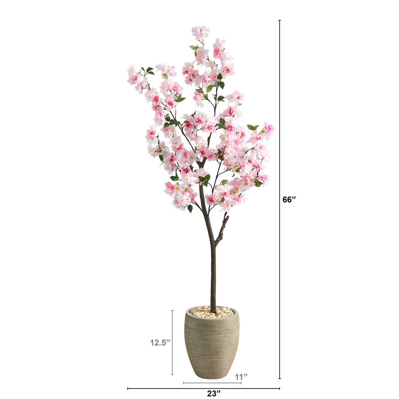 5.5ft Cherry Blossom Artificial Tree in Sand Planter with Lifelike Pink Flowers and Green Leaves for Bedroom Decor