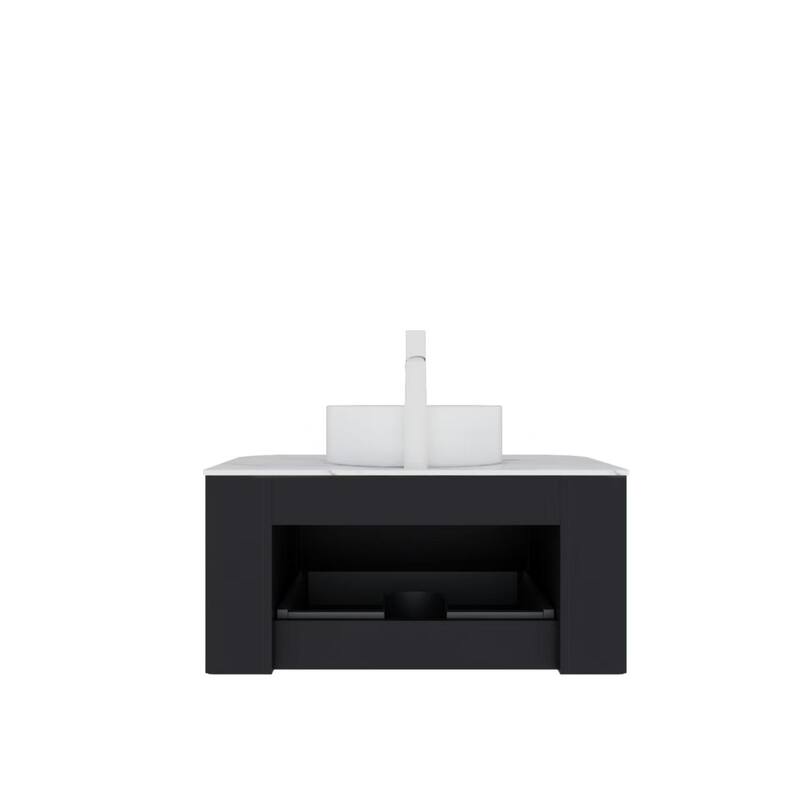 Modern Floating 36-Inch Bathroom Vanity with Round Ceramic Basin and Black 3D Striped Cabinet