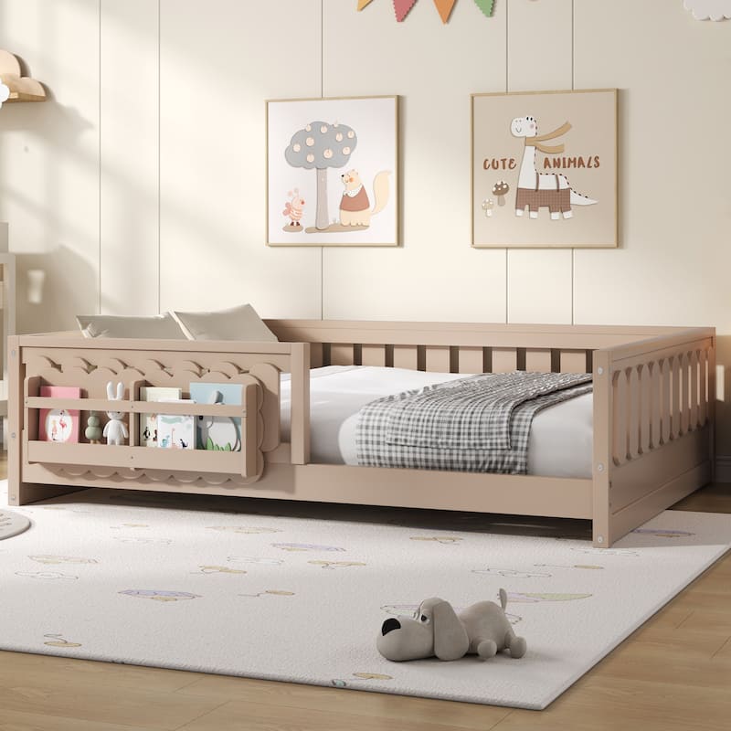 GDFStudio - Modern Wooden Full Size Platform Bed with Guardrail and Storage Shelves