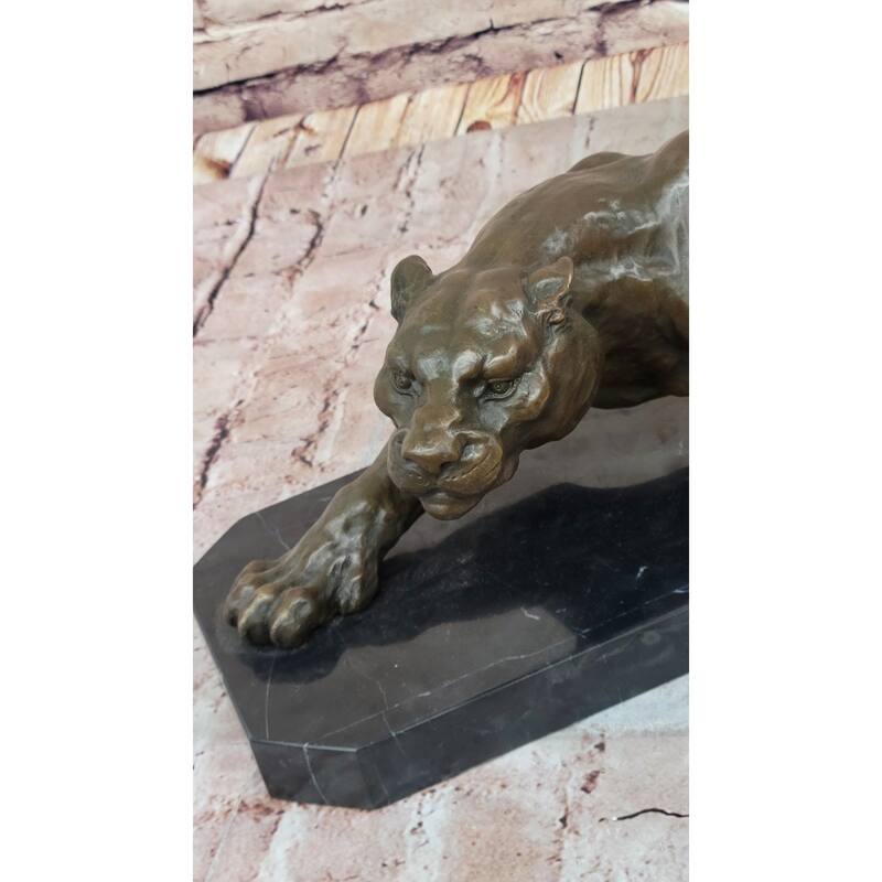 Stalking Panther Cougar Lioness Bronze Sculpture Statue Figure Art On Marble Base