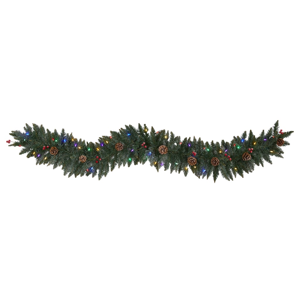 6' Snow Dusted Artificial Christmas Garland with 50 Multicolored LED Lights, Berries and Pinecones - 72