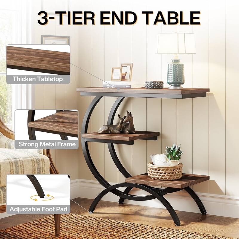 C-Shaped End Table, Industrial 3-Tier Side Table, Wood Bedside Table