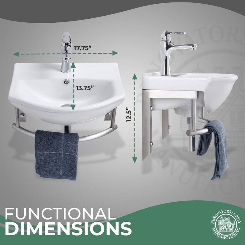 White Porcelain Wall Mounted Bathroom Sink with Faucet, Drain, Towel Bar and Overflow