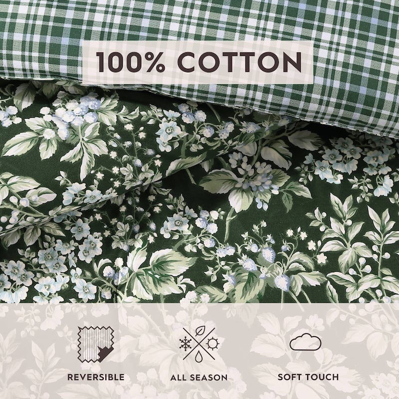Laura Ashley Bramble Floral Cotton Green Duvet Cover Bonus Set