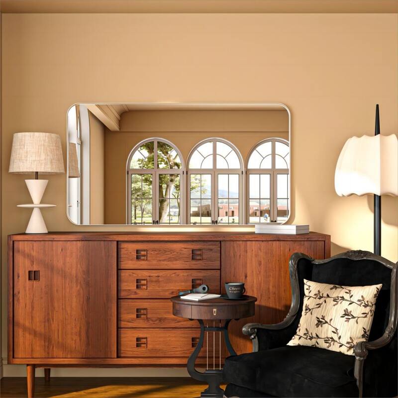 Organnice Rectangular Aluminum Framed Modern Rounded Wall Mount Mirror