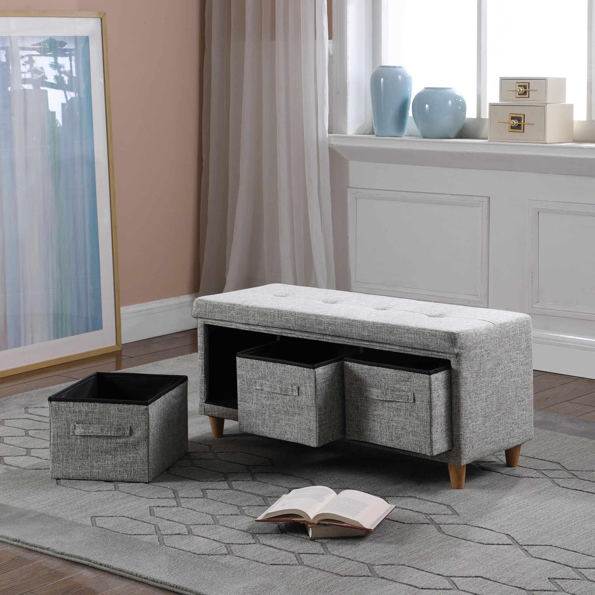 Appleby Slate Grey Tufted Bench W/ Storage Basket Drawers