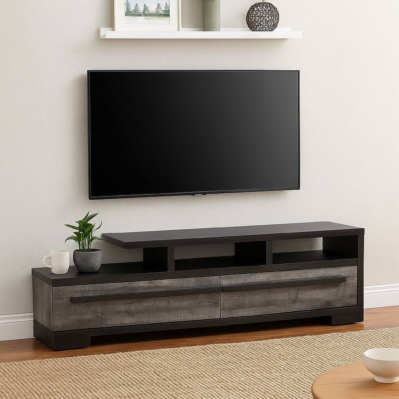 Ruthe TV Stand Media Console with 2 Drawers, Shelves, Black Gray Wood