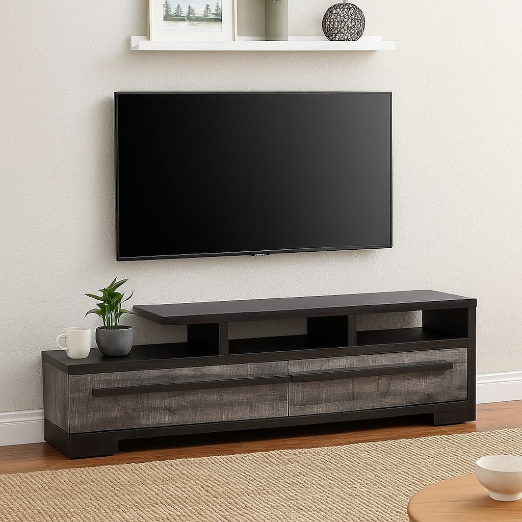 Ruthe TV Stand Media Console with 2 Drawers, Shelves, Black Gray Wood