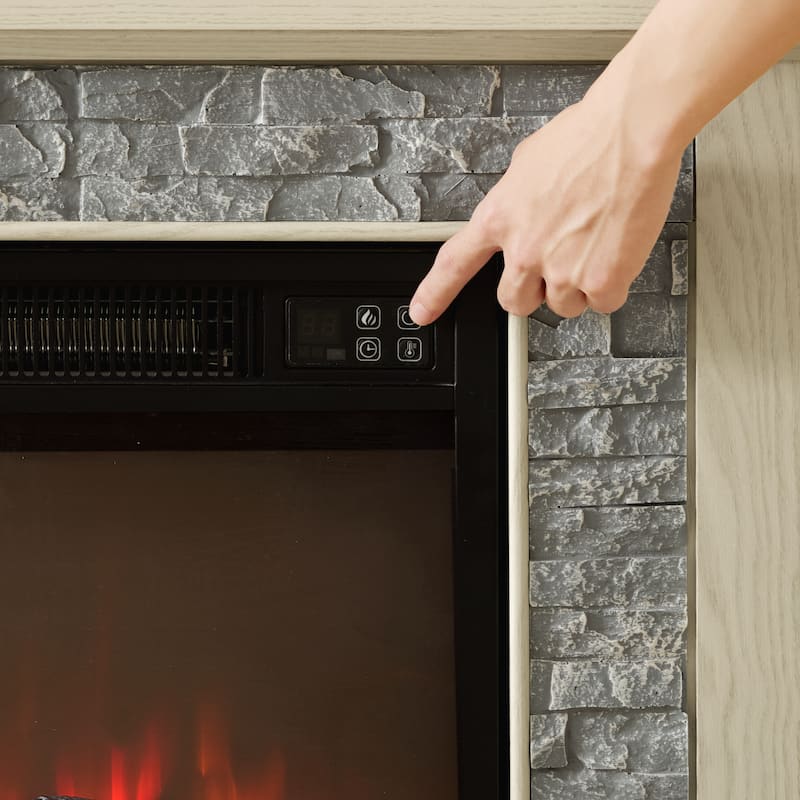 GDFStudio Thatch Wood 70" TV Stand with Faux Stacked Stone Fireplace and 2 Door Storage