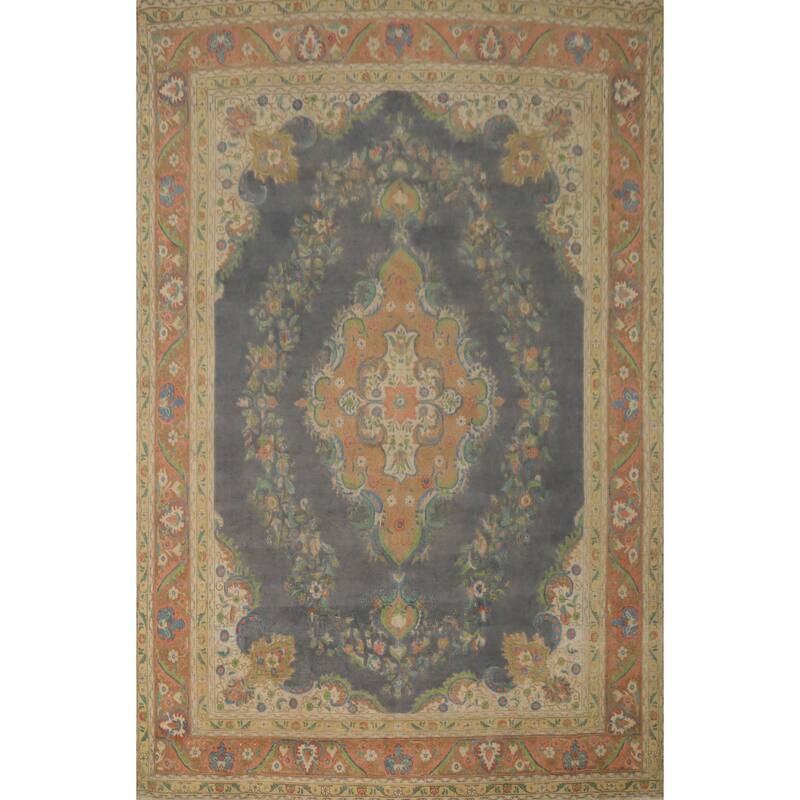 Hand Knotted Oriental 100% Wool Carpet Traditional Floral Greys & Charcoal Tabriz Area Rug - 12' 10'' X 9' 5''