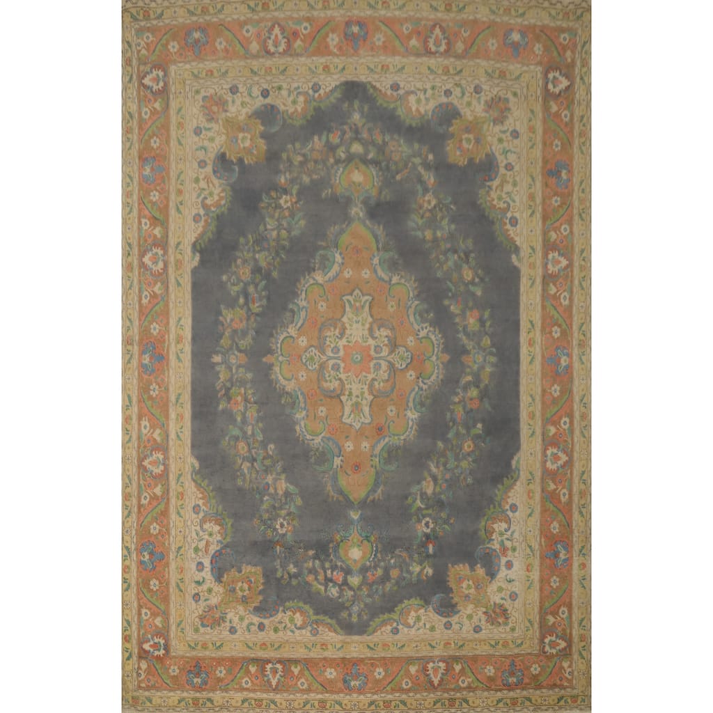 Hand Knotted Oriental 100% Wool Carpet Traditional Floral Greys & Charcoal Tabriz Area Rug - 12' 10'' X 9' 5''